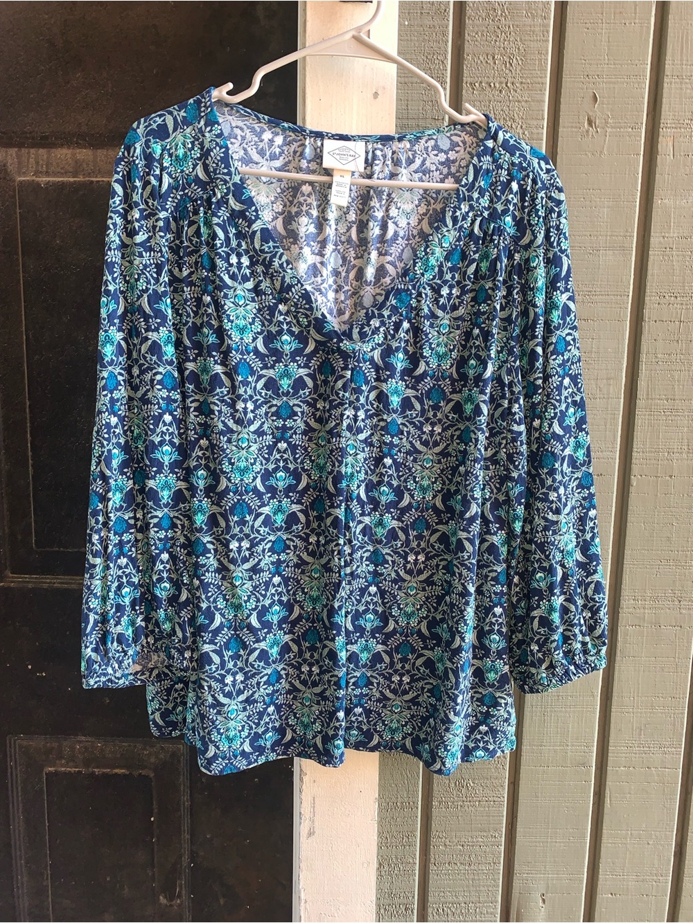 Rebecca Malone Blue and Teal Floral V-Neck Blouse
